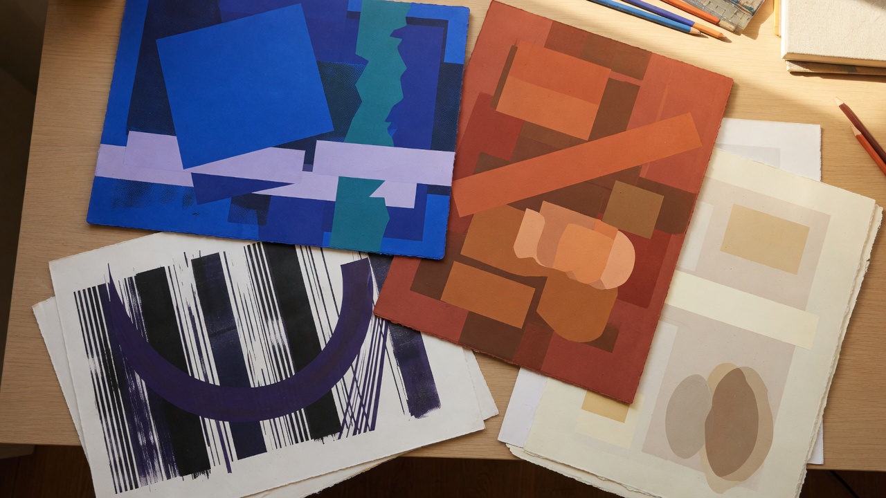 Printed presentation boards in cobalt, terracotta, ink, and bone.