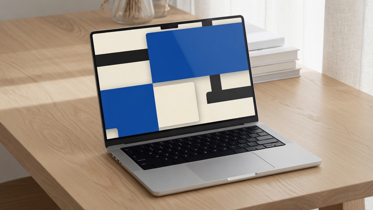 A laptop showing a geometric cobalt and cream website layout.