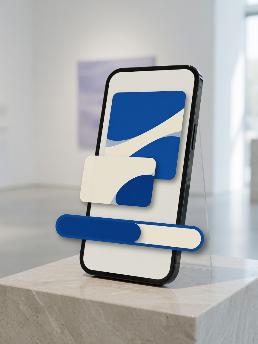A phone in a gallery showing an abstract cobalt companion interface.